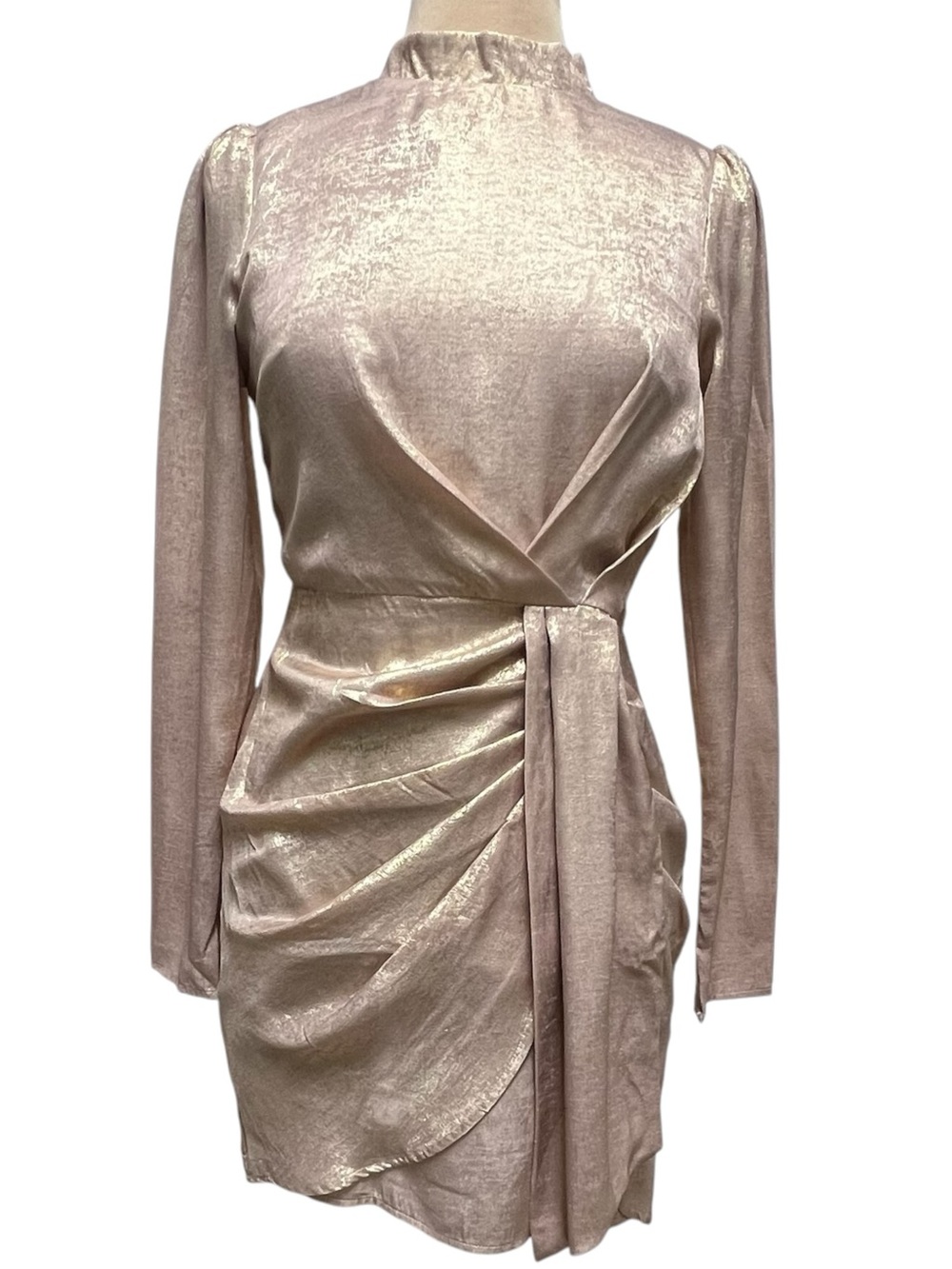 Andrée by Unit Rose Gold Metallic Shimmer Faux Wrap Mini Dress S - Picture 2 of 8